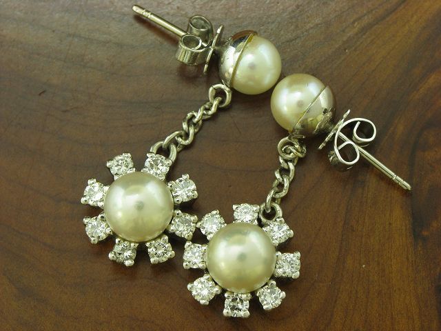 14kt 585 Weißgold Ohrhänger mit 0,80ct Brillant & Akoya-Perlen Besatz / 8,3g